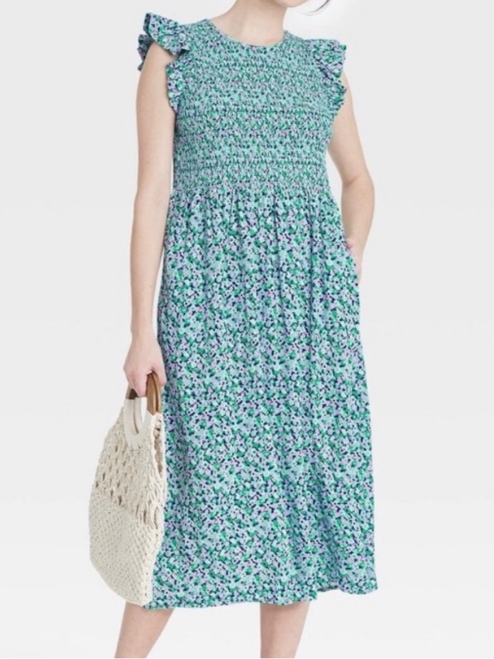 A New Day XS Smocked Floral Midi Dress in Teal and Lavender Flutter Cap Sleeves